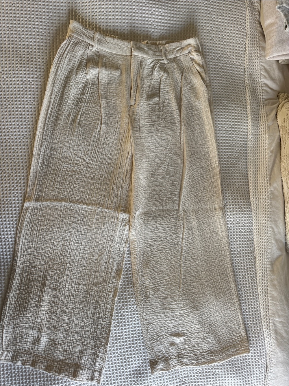 Cream linen Textured Wide-Leg Pants